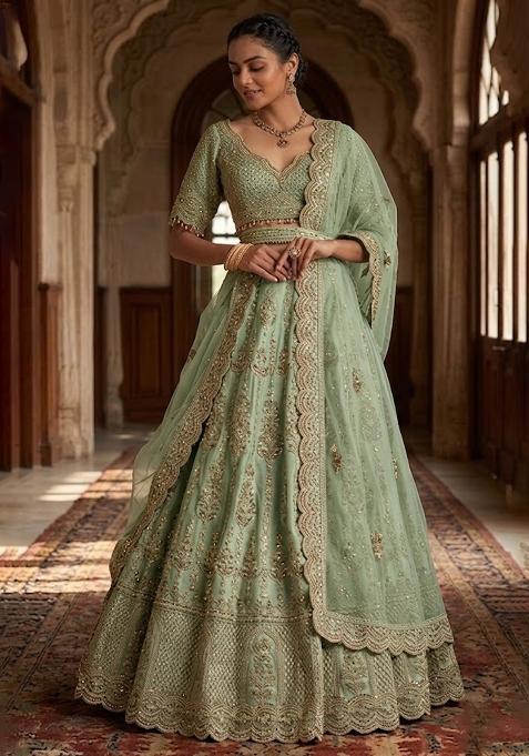 Mint Green Embroidered Bridal Lehenga Set — view on Indya