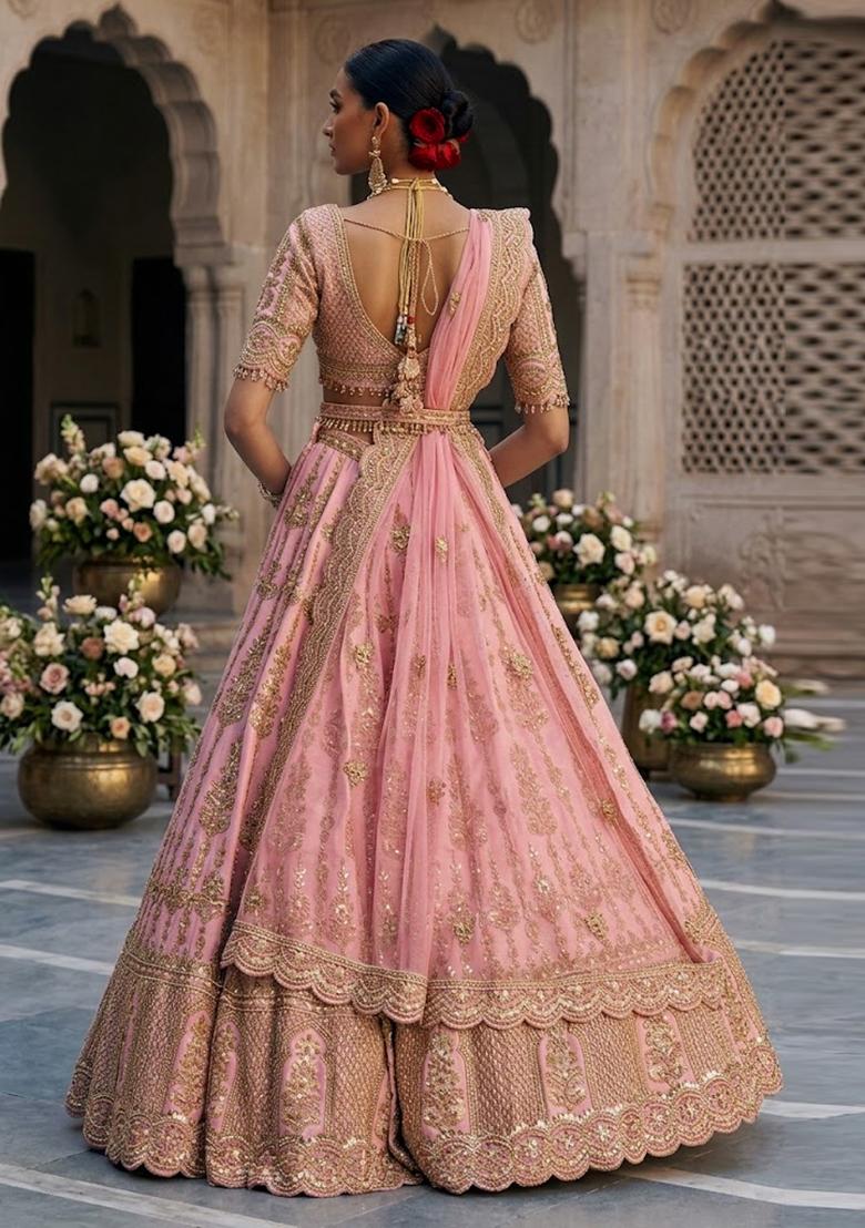 Rose Pink Embroidered Bridal Lehenga Set - Indya