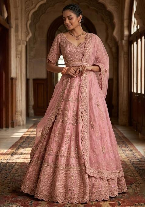 Rose Pink Embroidered Bridal Lehenga Set — view on Indya