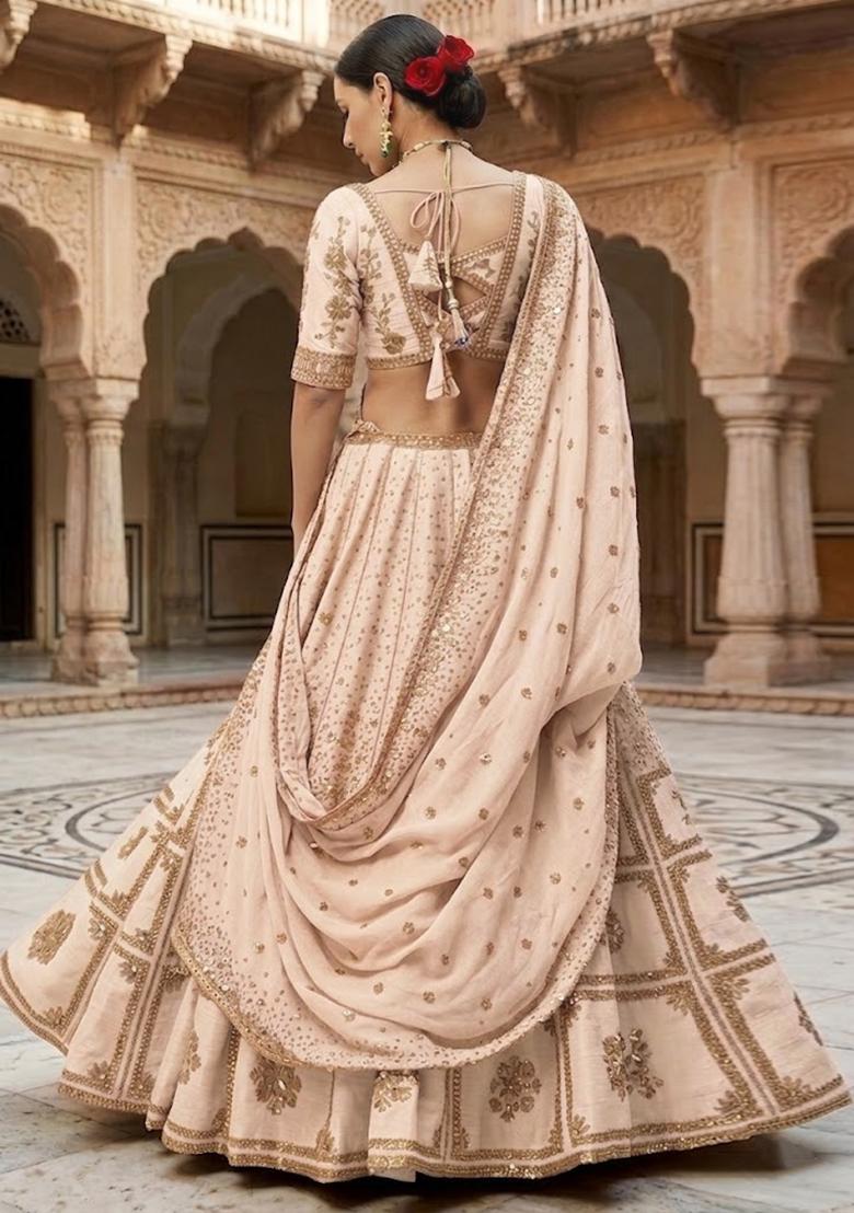 Beige  Embroidered Bridal Lehenga Set - Indya
