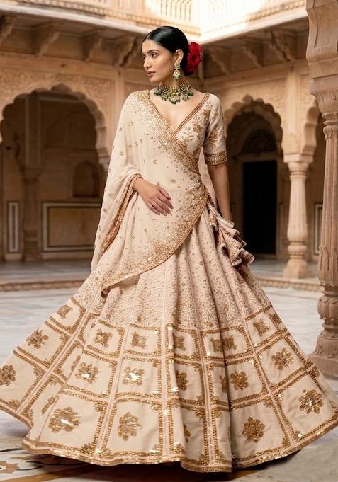 Beige Embroidered Bridal Lehenga Set — view on Indya