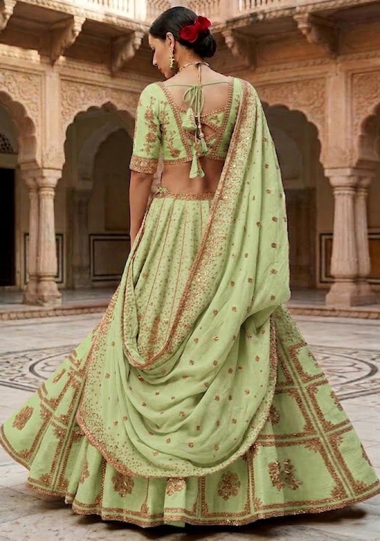 Lime Green Embroidered Bridal Lehenga Set - Indya