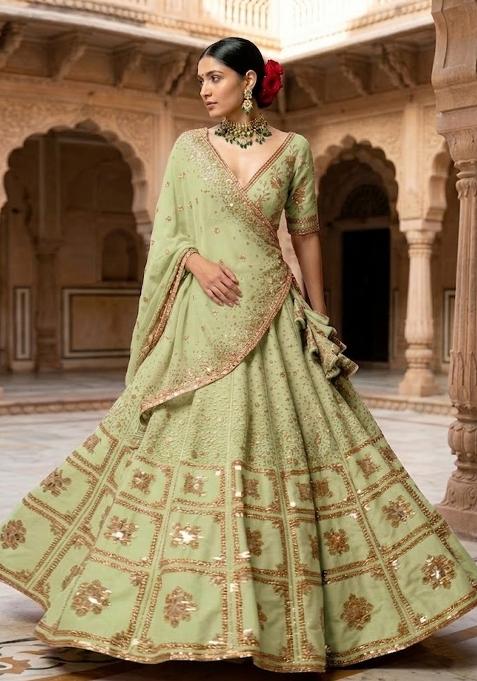 Lime Green Embroidered Bridal Lehenga Set — view on Indya