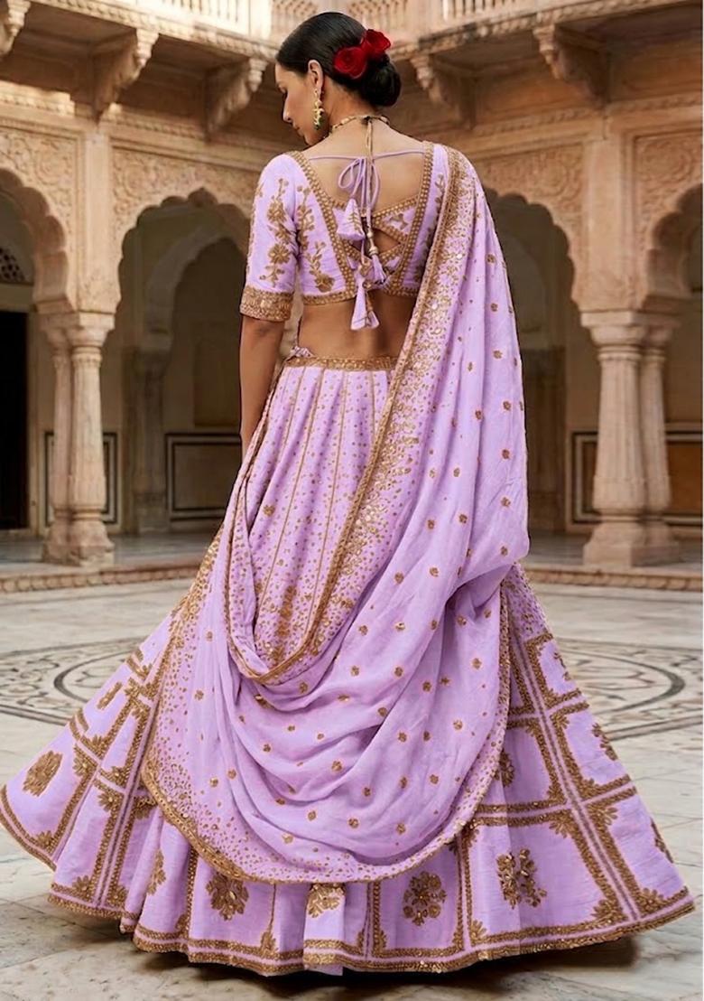 Lavendar Embroidered Bridal Lehenga Set - Indya
