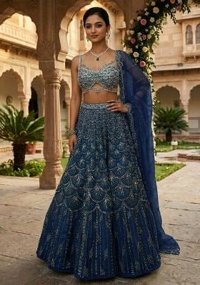 Navy Blue Embroidered Bridal Lehenga Set