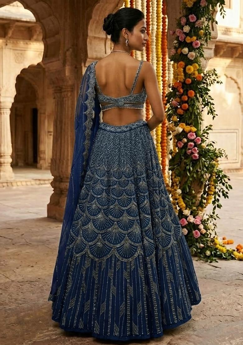 Navy Blue Embroidered Bridal Lehenga Set - Indya