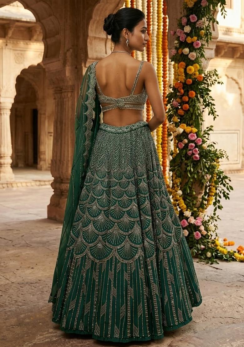 Emerald Green Embroidered Bridal Lehenga Set - Indya