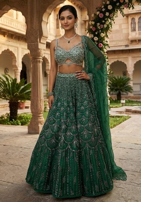Emerald Green Embroidered Bridal Lehenga Set — view on Indya
