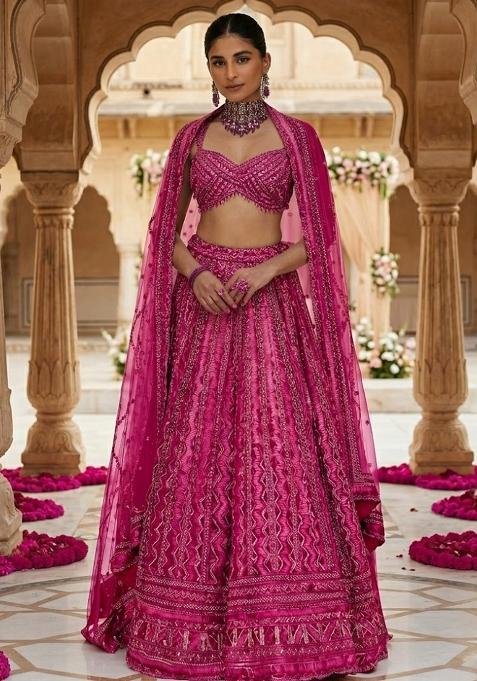 Rani Pink Embroidered Bridal Lehenga Set — view on Indya