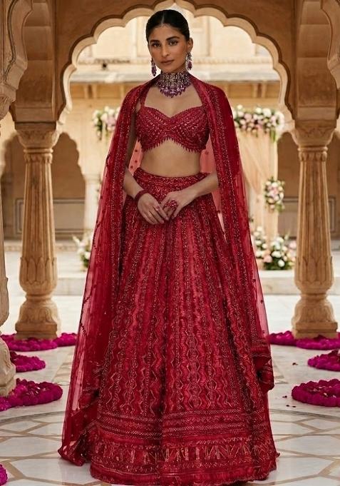 Red Embroidered Bridal Lehenga Set — view on Indya