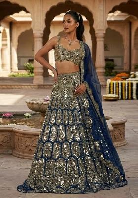 Navy Blue mirror work  Bridal Lehenga Set