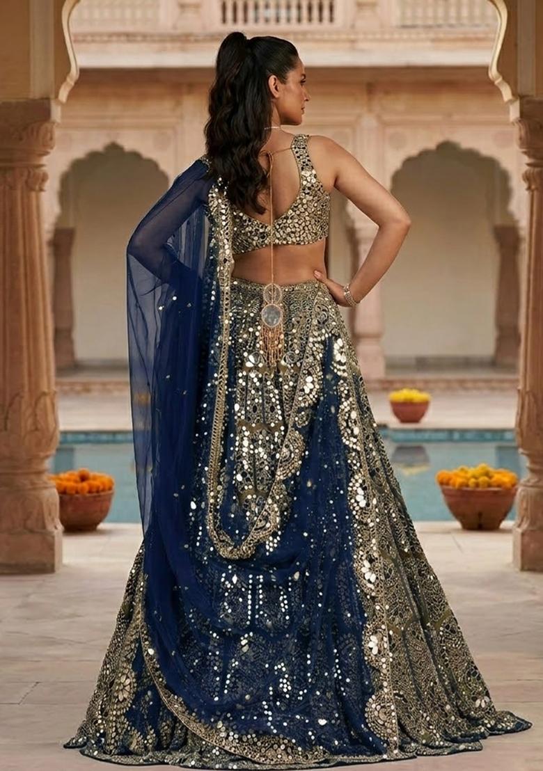 Navy Blue mirror work  Bridal Lehenga Set - Indya
