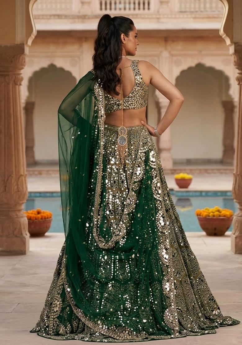 Emerald Green mirror work  Bridal Lehenga Set - Indya