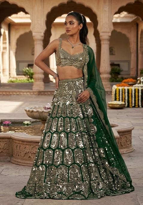 Emerald Green mirror work Bridal Lehenga Set — view on Indya