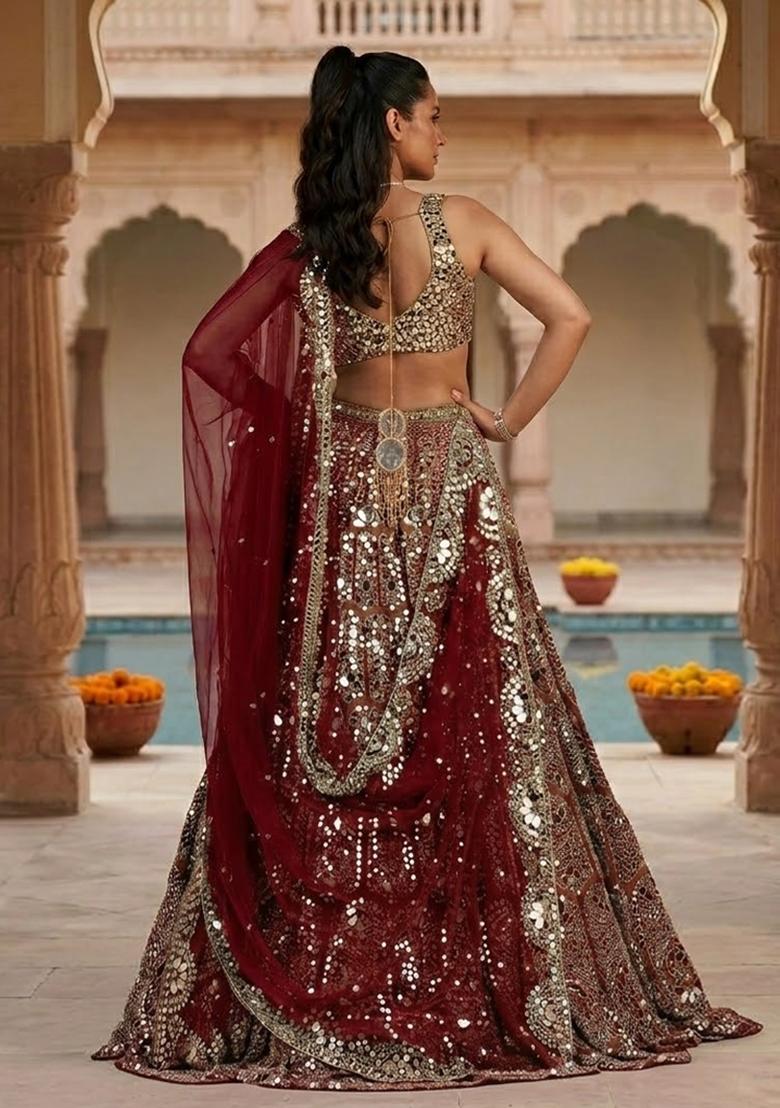 Maroon mirror work  Bridal Lehenga Set - Indya