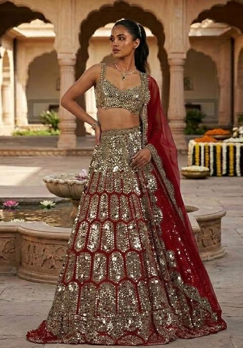 Maroon mirror work Bridal Lehenga Set — view on Indya