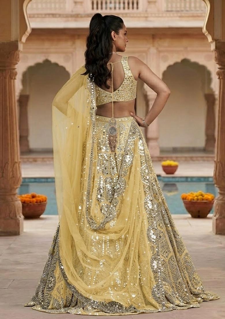 Yellow mirror work  Bridal Lehenga Set - Indya
