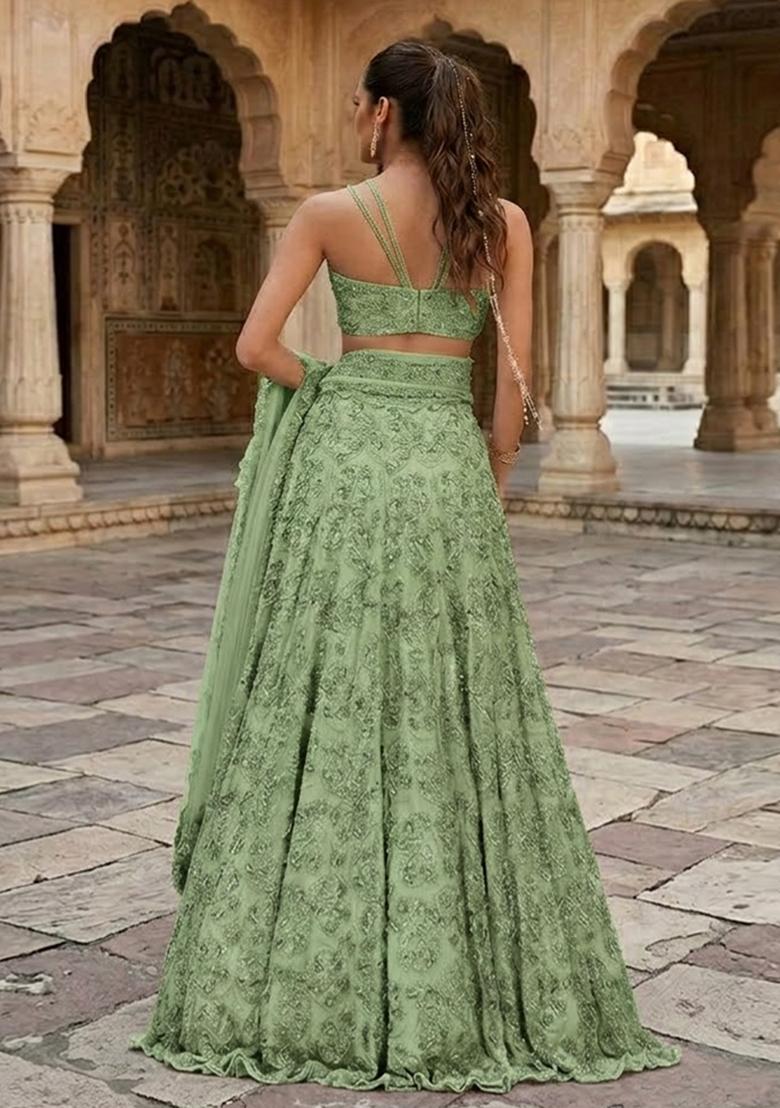 Light Green Embroidered Bridal Lehenga Set - Indya