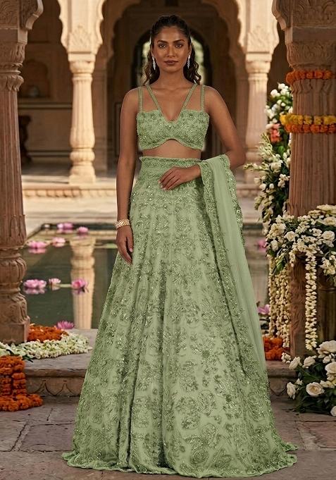 Light Green Embroidered Bridal Lehenga Set — view on Indya