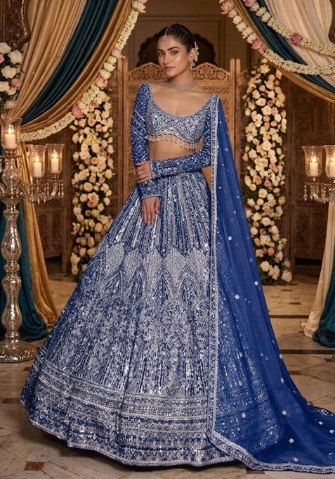 Royal Blue Embroidered Bridal Lehenga Set — view on Indya