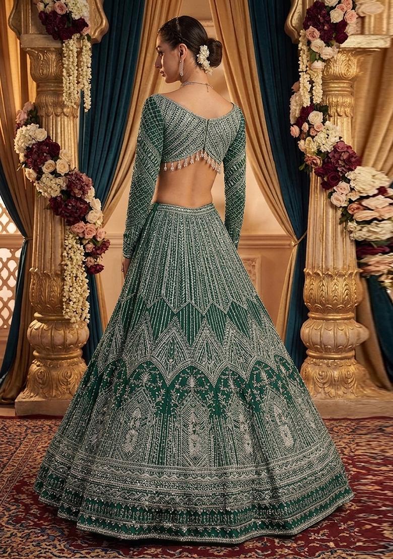 Green Embroidered Bridal Lehenga Set - Indya