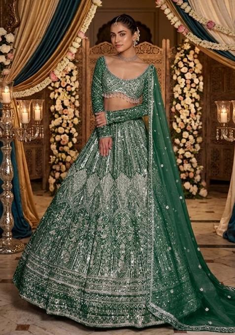 Green Embroidered Bridal Lehenga Set — view on Indya