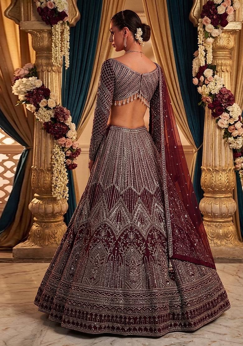Deep Maroon Embroidered Bridal Lehenga Set - Indya