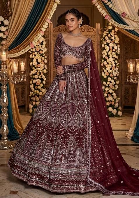Deep Maroon Embroidered Bridal Lehenga Set — view on Indya