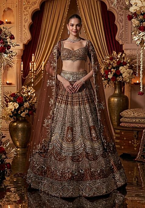 Brown Embroidered Bridal Lehenga Set — view on Indya