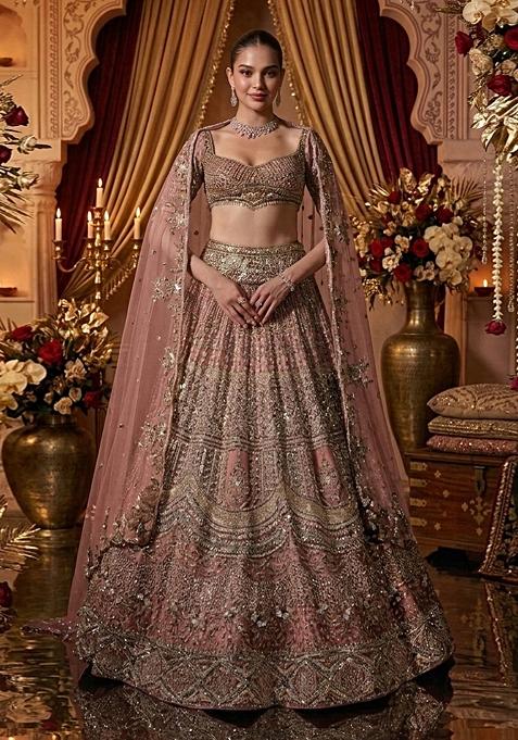Dusty Pink Embroidered Bridal Lehenga Set — view on Indya