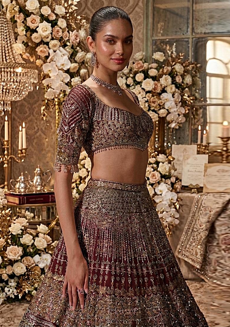 Maroon Embroidered Bridal Lehenga Set - Indya