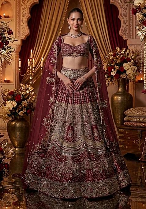 Maroon Embroidered Bridal Lehenga Set — view on Indya