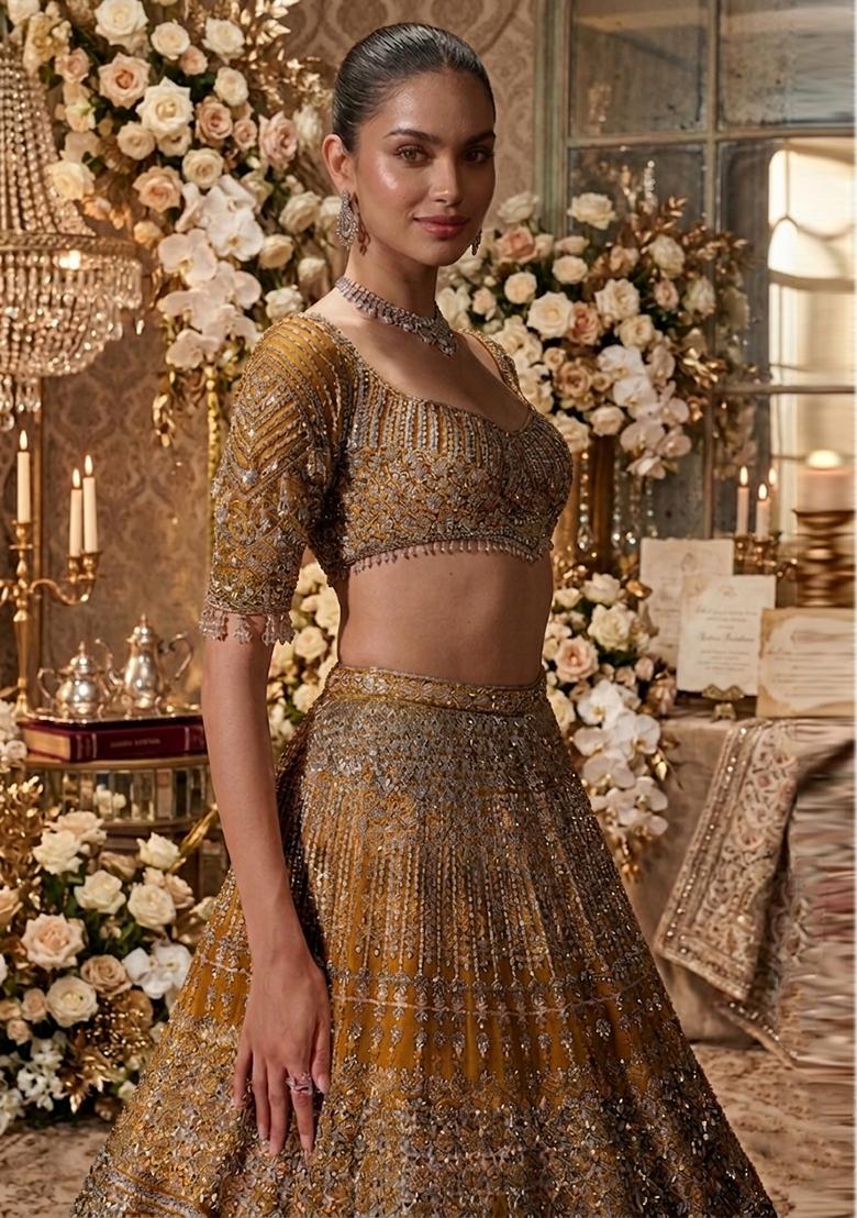 Mustard Yellow Embroidered Bridal Lehenga Set - Indya