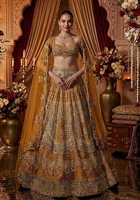Mustard Yellow Embroidered Bridal Lehenga Set — view on Indya