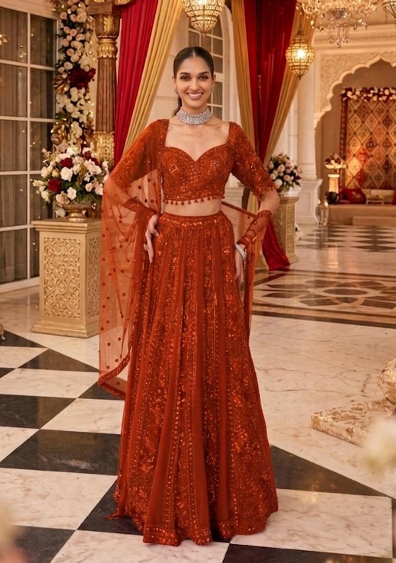 Orange Embroidered Bridal Lehenga Set - Indya