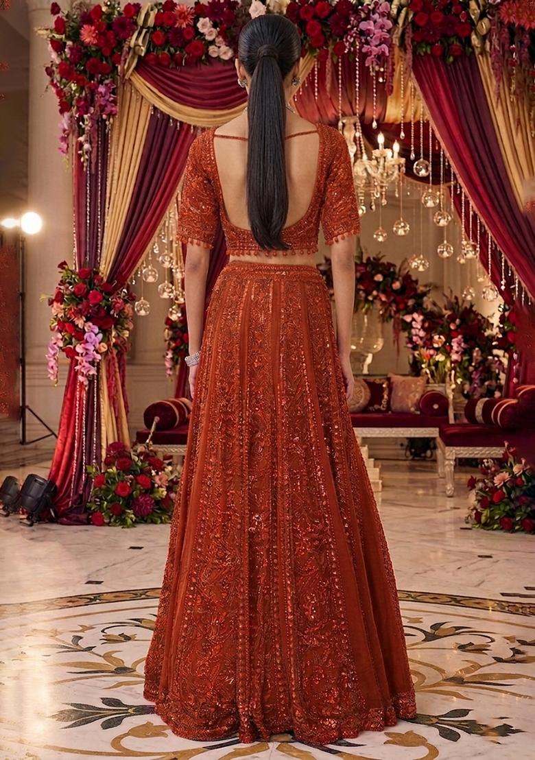 Orange Embroidered Bridal Lehenga Set - Indya