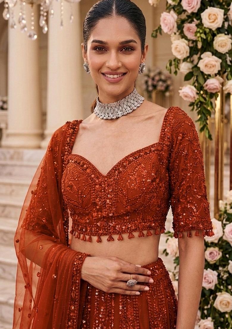 Orange Embroidered Bridal Lehenga Set - Indya