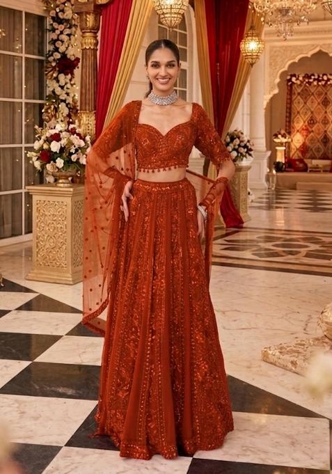 Orange Embroidered Bridal Lehenga Set — view on Indya