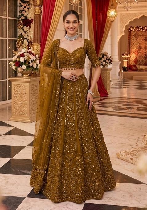 Mehendi Green Embroidered Bridal Lehenga Set — view on Indya