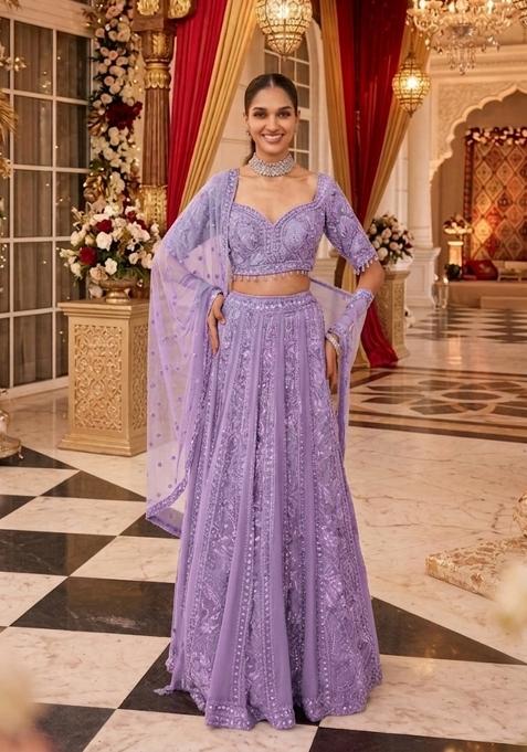Lavendar Embroidered Bridal Lehenga Set — view on Indya