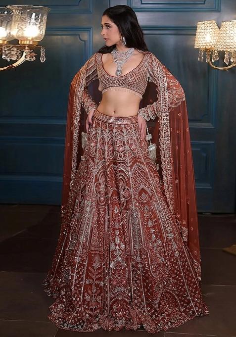Red Embroidered Bridal Lehenga Set — view on Indya