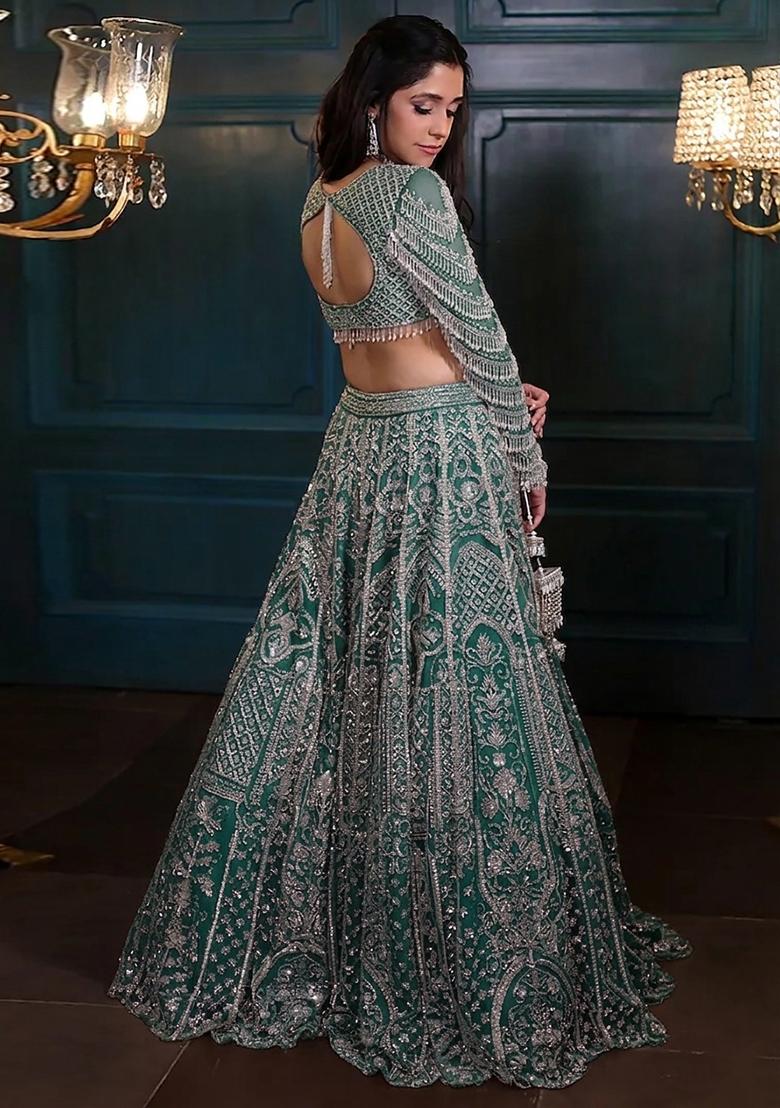 Teal Green Embroidered Bridal Lehenga Set - Indya