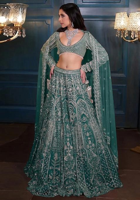 Teal Green Embroidered Bridal Lehenga Set — view on Indya