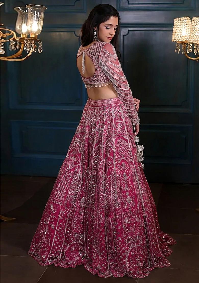 Hot Pink Embroidered Bridal Lehenga Set - Indya
