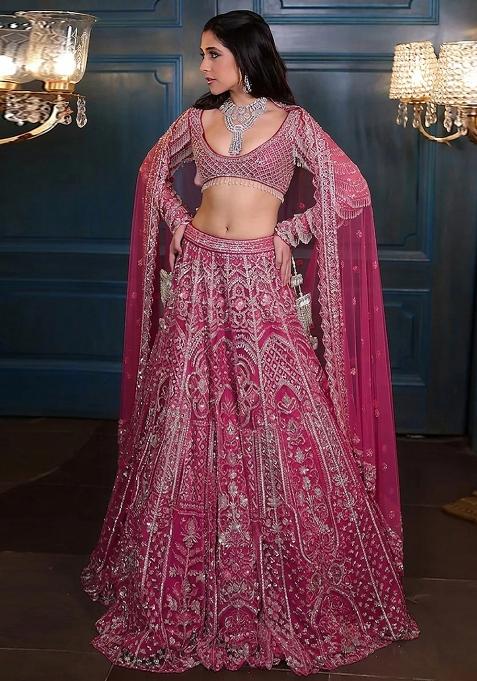 Hot Pink Embroidered Bridal Lehenga Set — view on Indya