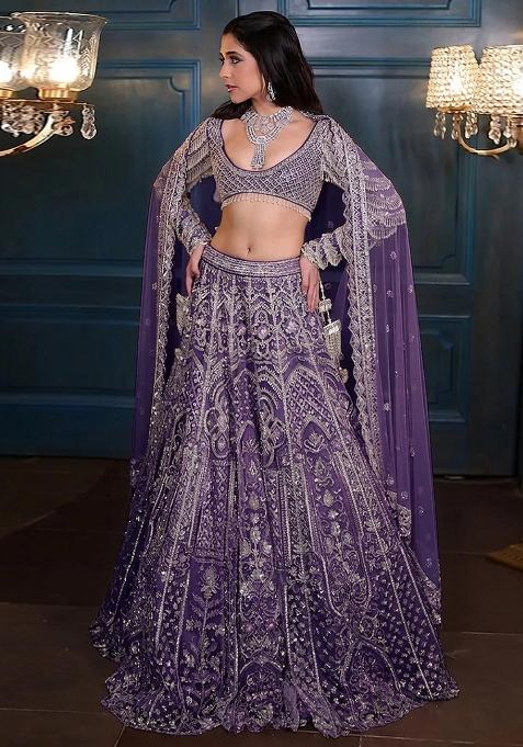 Purple Embroidered Bridal Lehenga Set — view on Indya