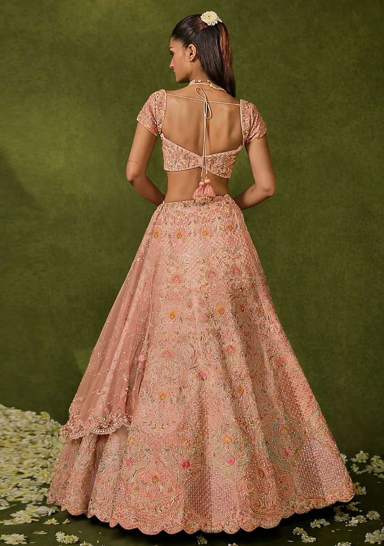 Light Pink Embroidered Bridal Lehenga Set - Indya