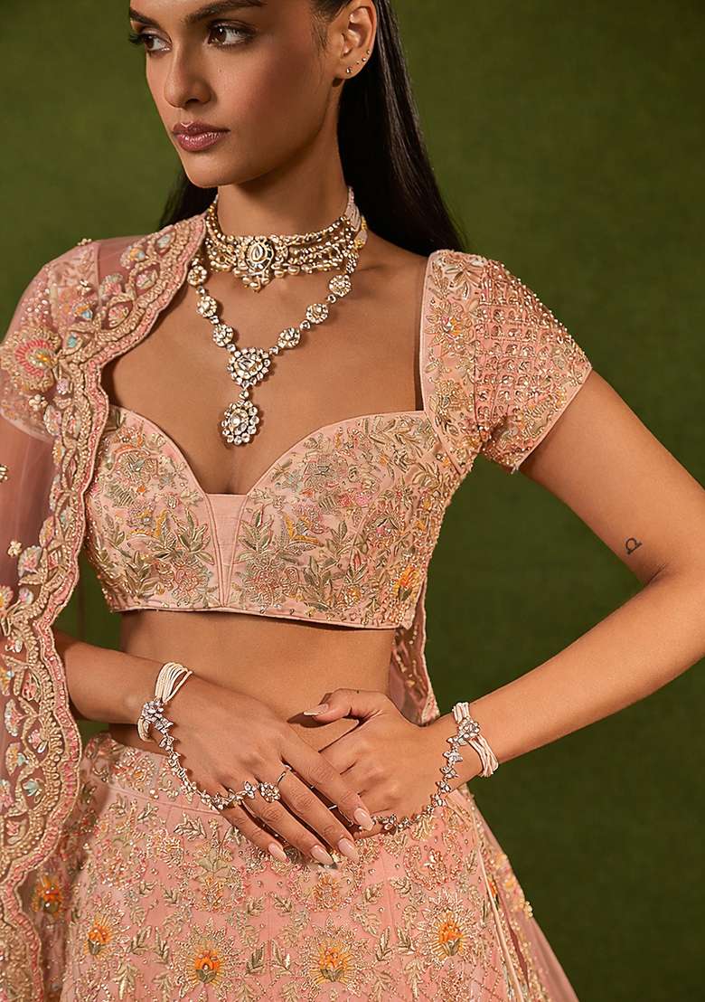 Light Pink Embroidered Bridal Lehenga Set - Indya
