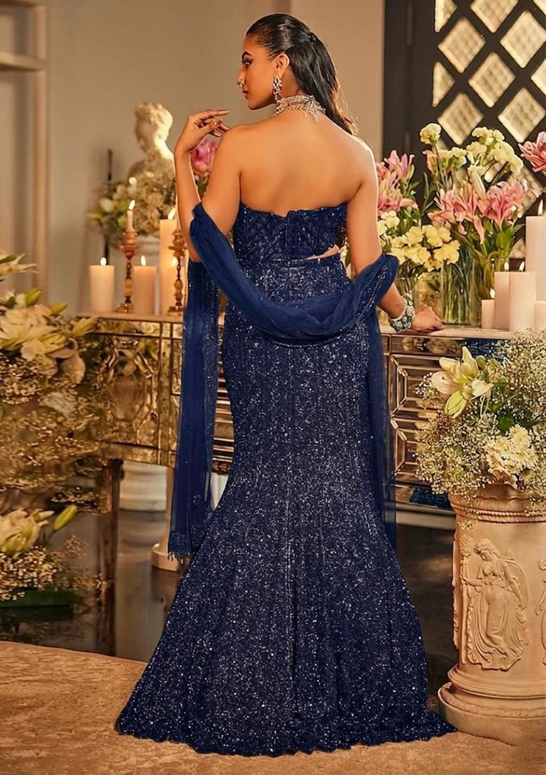 Navy Blue Embroidered Bridal Lehenga Set - Indya