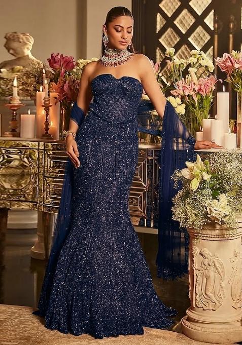 Navy Blue Embroidered Bridal Lehenga Set — view on Indya
